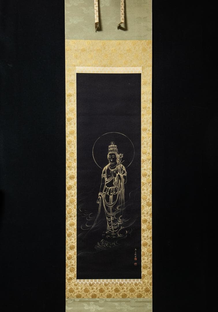掛軸-1512　市原春晃　観音　共箱　紺紙金泥　仏教美術