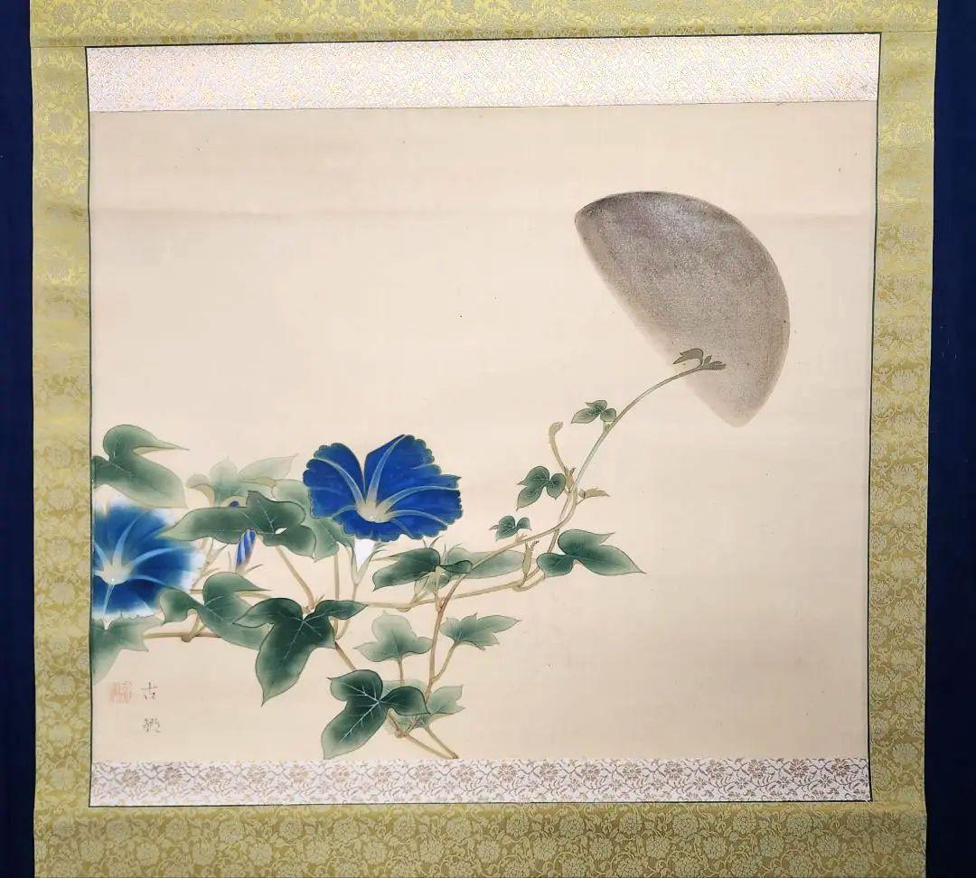 【朝顔に半月図】黒田古郷 2612 アサガオと月夜 掛け軸　肉筆