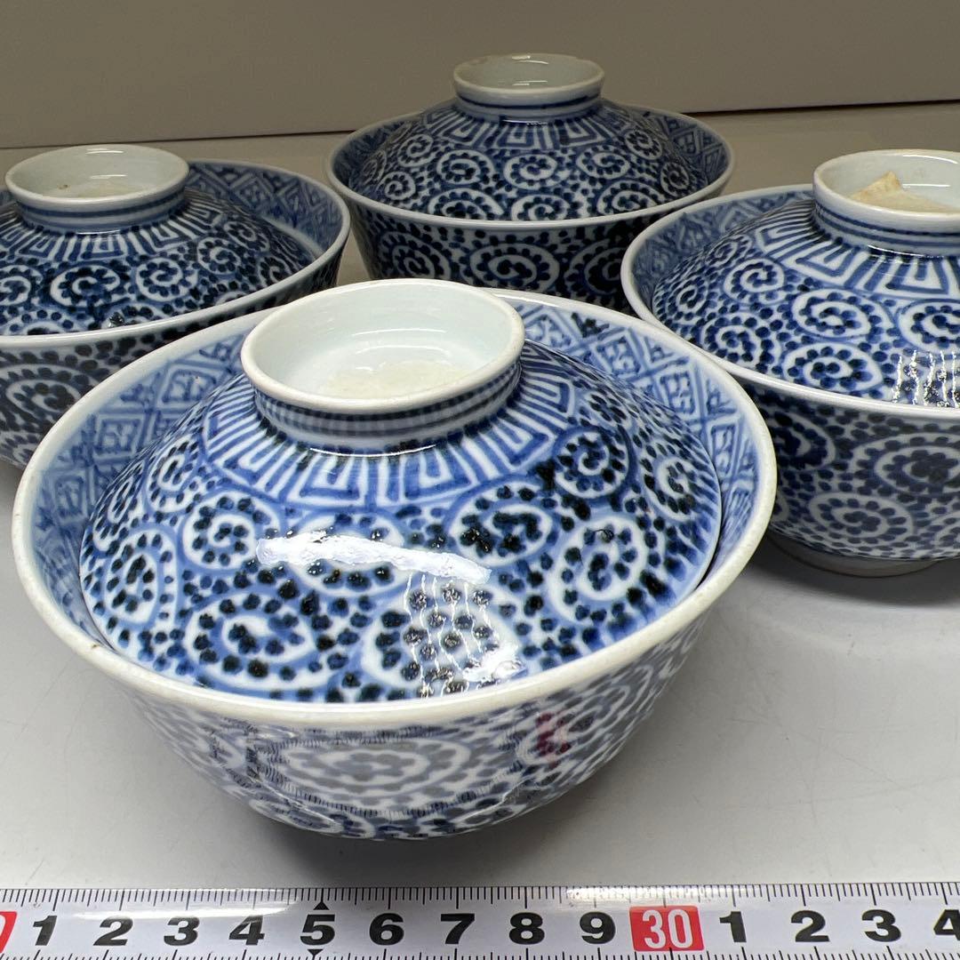 江戸後期　古伊万里　蛸唐草蓋茶碗4客　身口径約10.5㎝東Y7-1208③タサチ