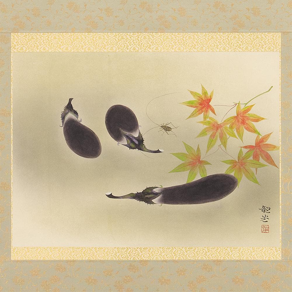 掛軸 横幅 東韶光「虫の音」共箱 秋の軸 秋茄子 紅葉 蟋蟀