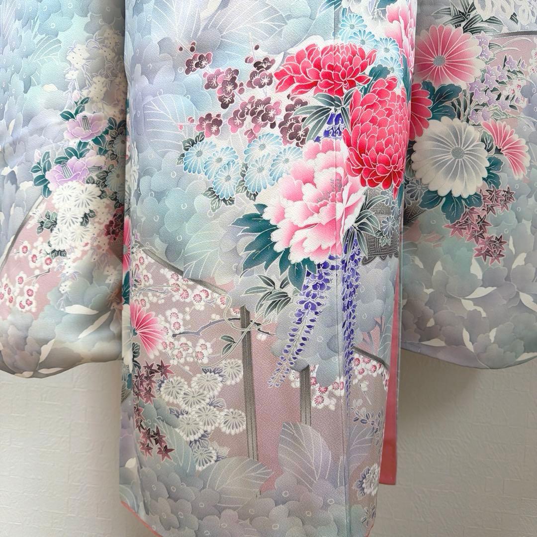 490 振袖フルセット 正絹 オフホワイト グレー 銀彩 暈し染め