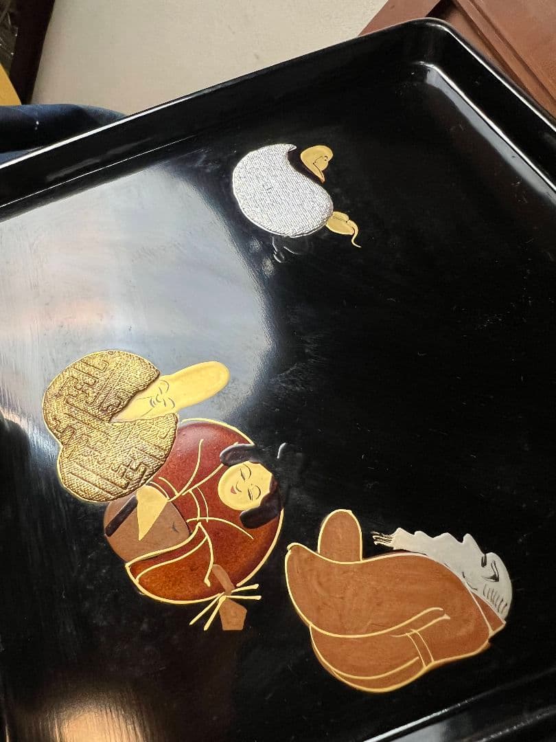 【箱付】漆器 七福神図 盛り絵付け蒔絵 お盆と重箱 アンティーク 骨董品