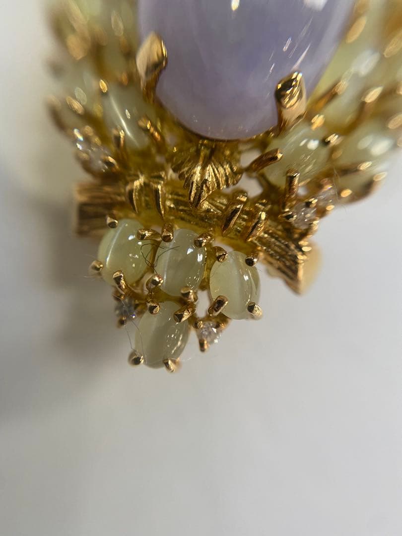 K18 フクロウ　ブローチ　翡翠4.21ct R0.26ct、D0.1ct