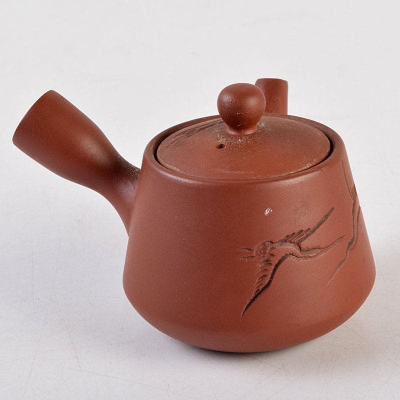 煎茶道具　俊峯作　紫砂　朱泥　鶴刻　急須　茶壷　C　9271