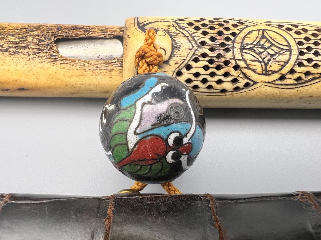 江戸明治時代　獅子図金具　骨製キセル入れ　大玉龍図根〆　銀製キセル　重量170g