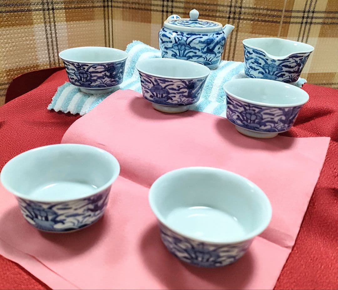 ●5388#0110　九谷焼アンティーク・レア茶道具茶器龍紋古染付セット0608