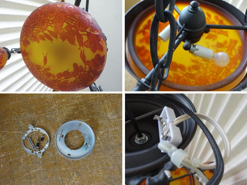 ガレコレクション　6灯シャンデリア　真鍮　カメオ掘り　アカネライティング