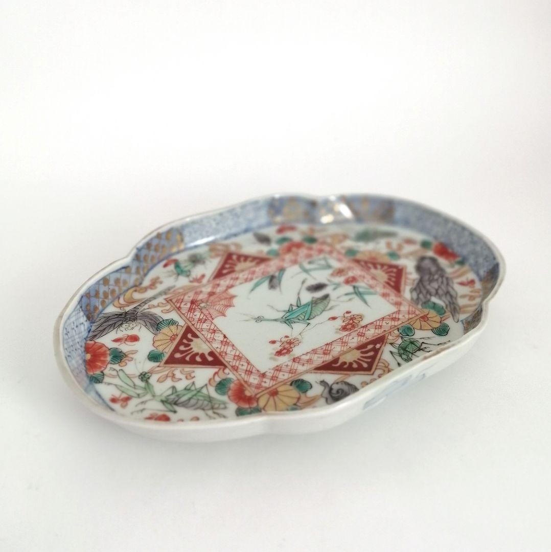 古伊万里　色絵　虫尽くし図　木瓜形　縁立皿