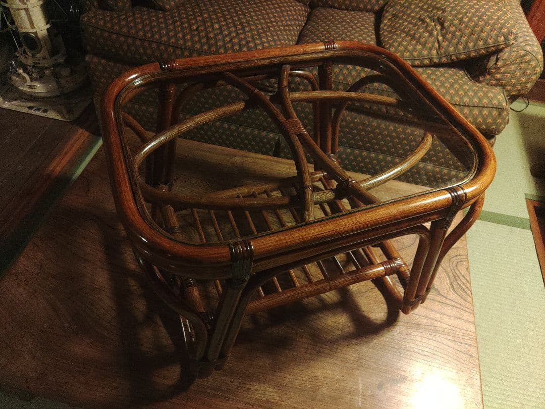 山　美品　ラタン　ガラステーブル　机　サイドテーブル　レトロ