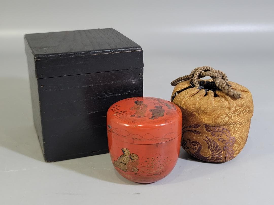 中国 朱塗 人物紋 時代棗 仕服 茶道具 DT612