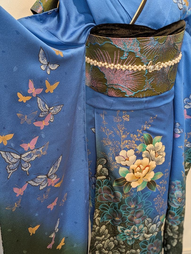 振袖フルセット 身丈168裄68 豪華振袖 金銀彩 青 黒 正絹 逸品 成人式