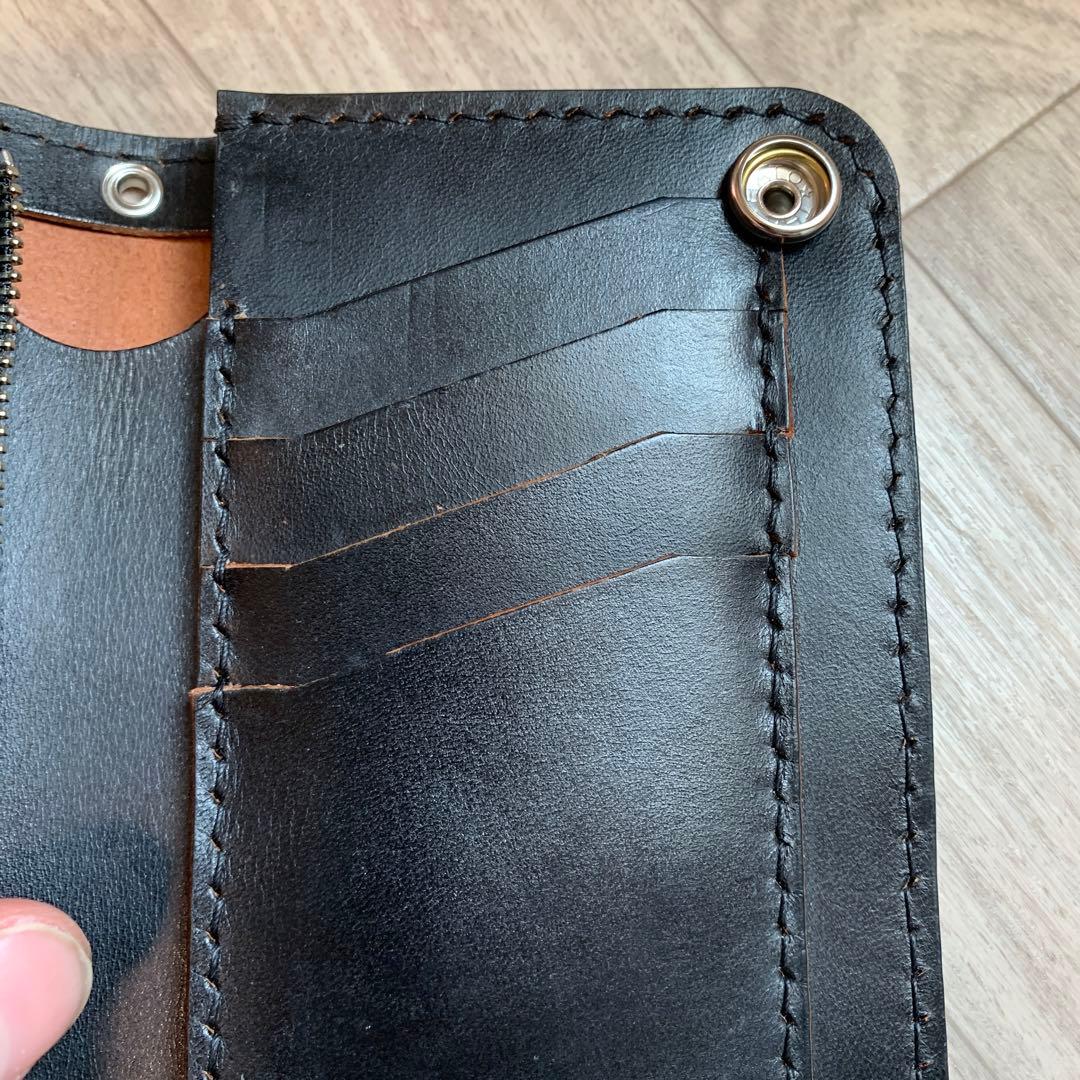 【茶芯ブラック】トラッカーウォレット　ミドル　ニッケル　お札を折らずに収納