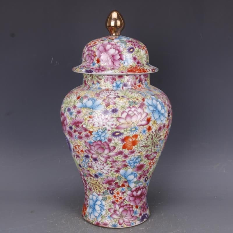 清 雍正 蒔金粉彩 万花紋将軍缶 景徳鎮 陶磁器 装飾品 現代工芸品美術品 置物
