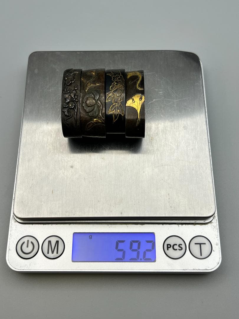 【海】江戸明治期　日本刀装具　花図　牡丹　金象嵌　縁頭　４点　骨董品　美術品