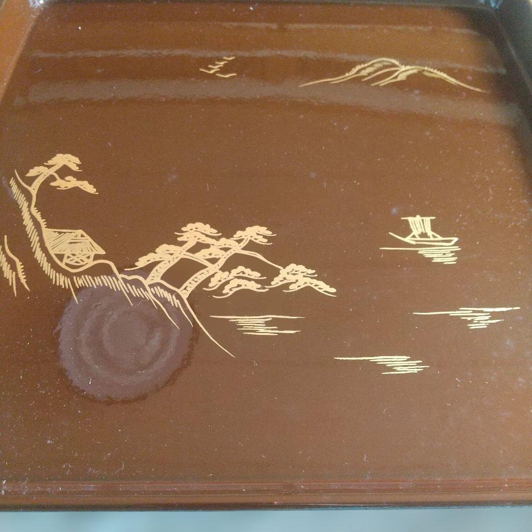 茶色の漆器 風景画 四角形の盆5個セット(新品未使用保管品)