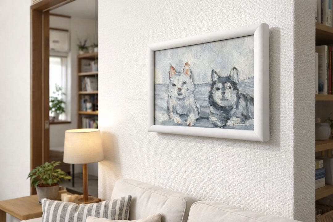 犬の油彩画 フレーム付き