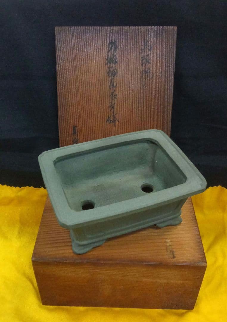 012.【寿悦】外縁額面長方鉢/ミニ盆栽鉢/木箱付き