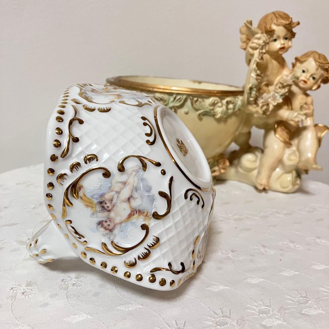 イタリア製 天使 エンジェル アンティーク調 置物 小物入れ／陶器製バスケット