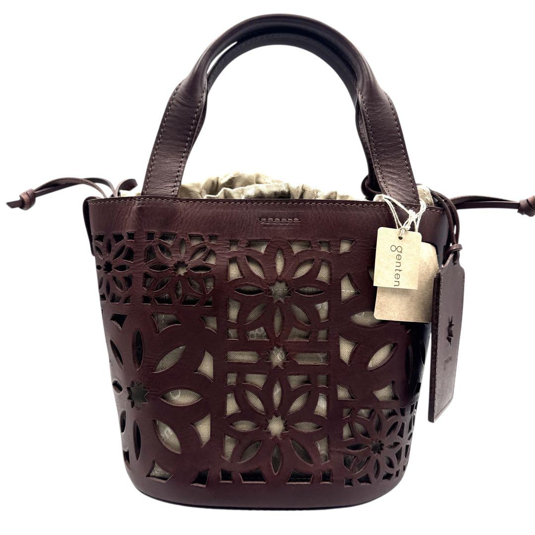 新品未使用 genten ゲンテン カットワーク ハンドバッグ 巾着付 茶 本革