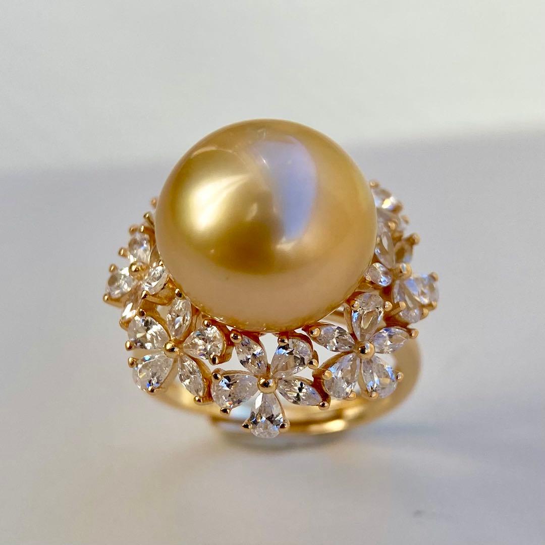 本真珠南洋白蝶真珠　茶金12.9㍉花モチーフs925リングY1018