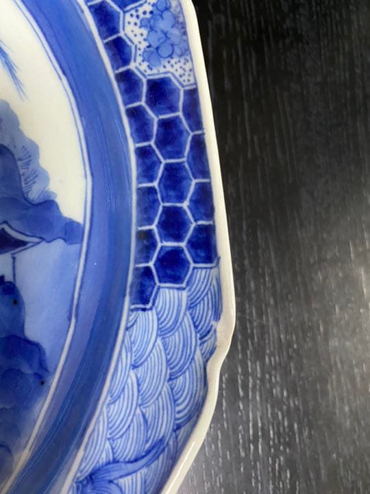 古伊万里　染付け変形皿　風景画　２客揃