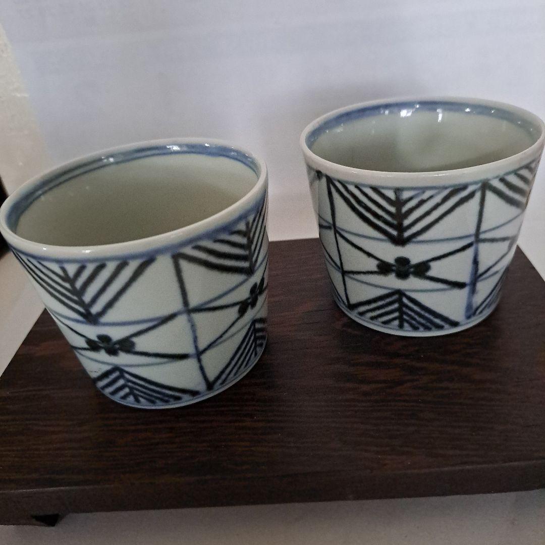 江戸中　蕎麦猪口　2客　珍品　幾何学文様　角福　古伊万里染付