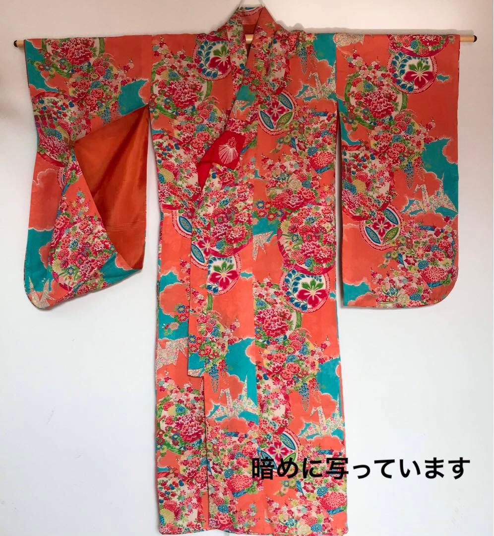 正絹 アンティーク着物 女の子 七五三 ◇花丸 折鶴 古典柄