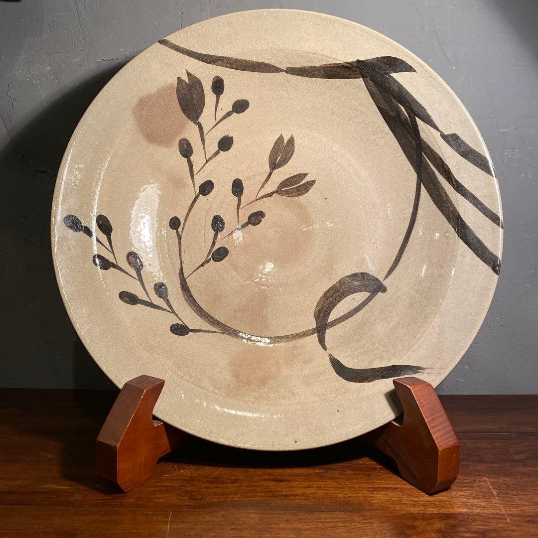 波多野洋荘 鉄絵草花大平鉢 46cm大皿 骨董品 飾り皿 美術品 インテリア
