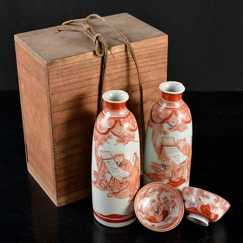えびいち　赤絵山水人物文　徳利　猪口　一對　時代箱　M　R5942