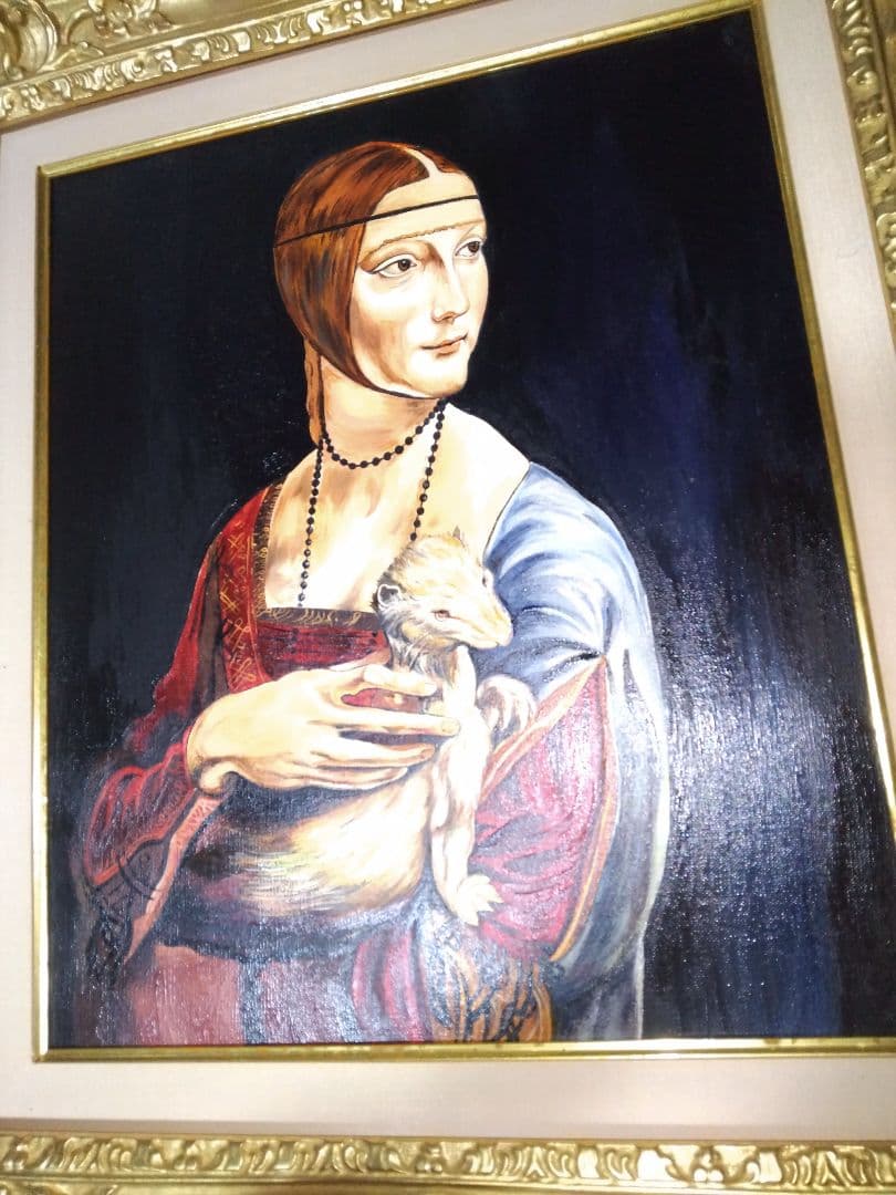 レオナルド・ダ・ヴィンチ絵画、油彩８号、白貂を抱く貴婦人、高級額縁、肉筆。
