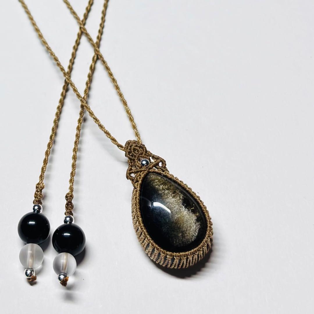 #2096 ♡ゴールドオブシディアン&フロスト水晶天然石♡マクラメネックレス