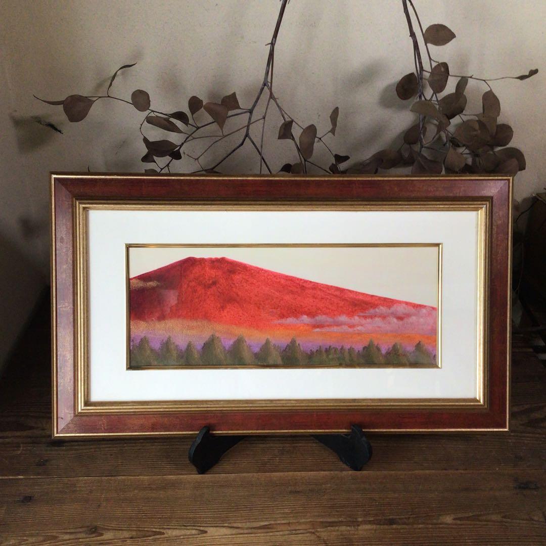 No5177 額装　油絵　流月真一　「赤富士」　Mt.FUJI 油彩画　送料無料