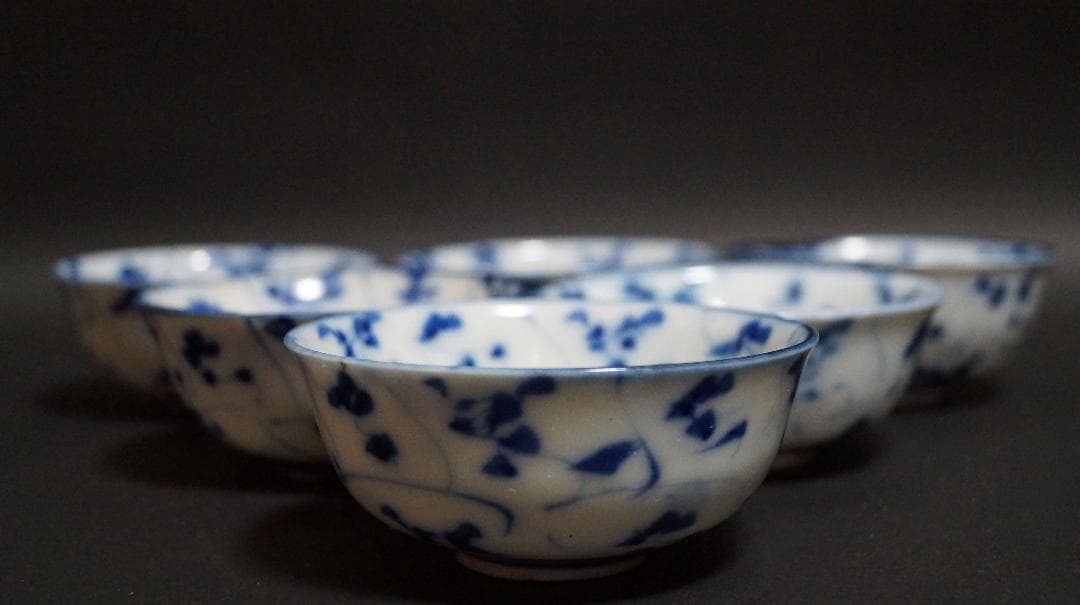 唐物 清朝 染付青花 なずな文 煎茶碗(六客)汲み出し茶碗 煎茶道具 箱付