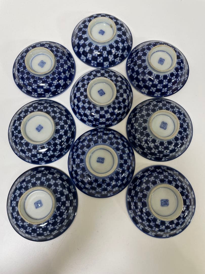 【現状品】古伊万里 青 染付 蓋付飯碗9客 レトロ アンティーク