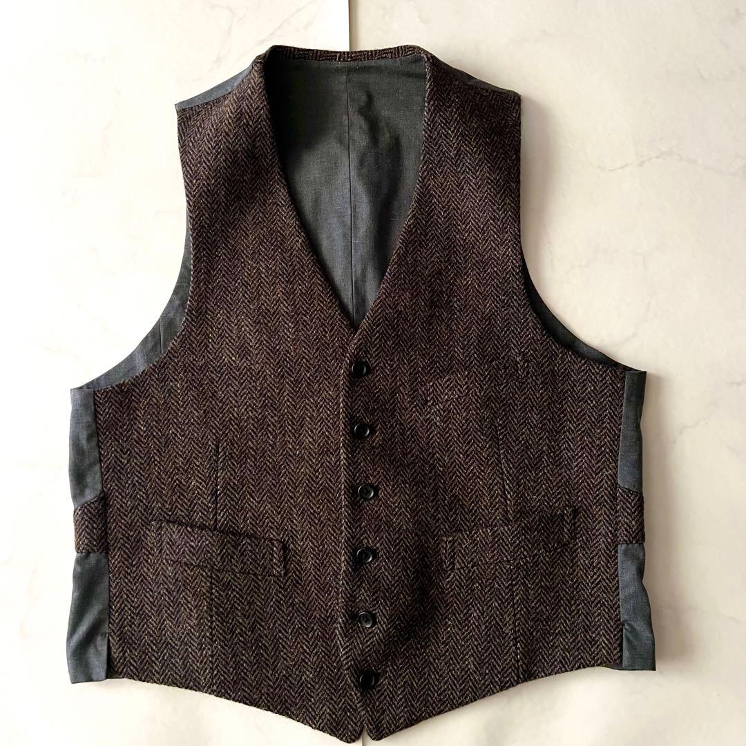 未使用級 ハリスツイード 3L 大きいサイズ ジレ ベスト ヘリンボーン ウール