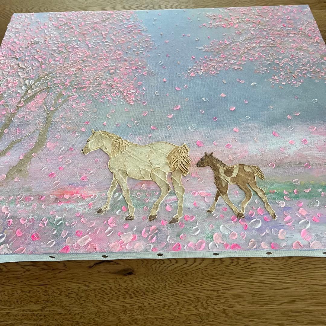 馬　馬の絵 桜 花の絵 テクスチャーアート さくら