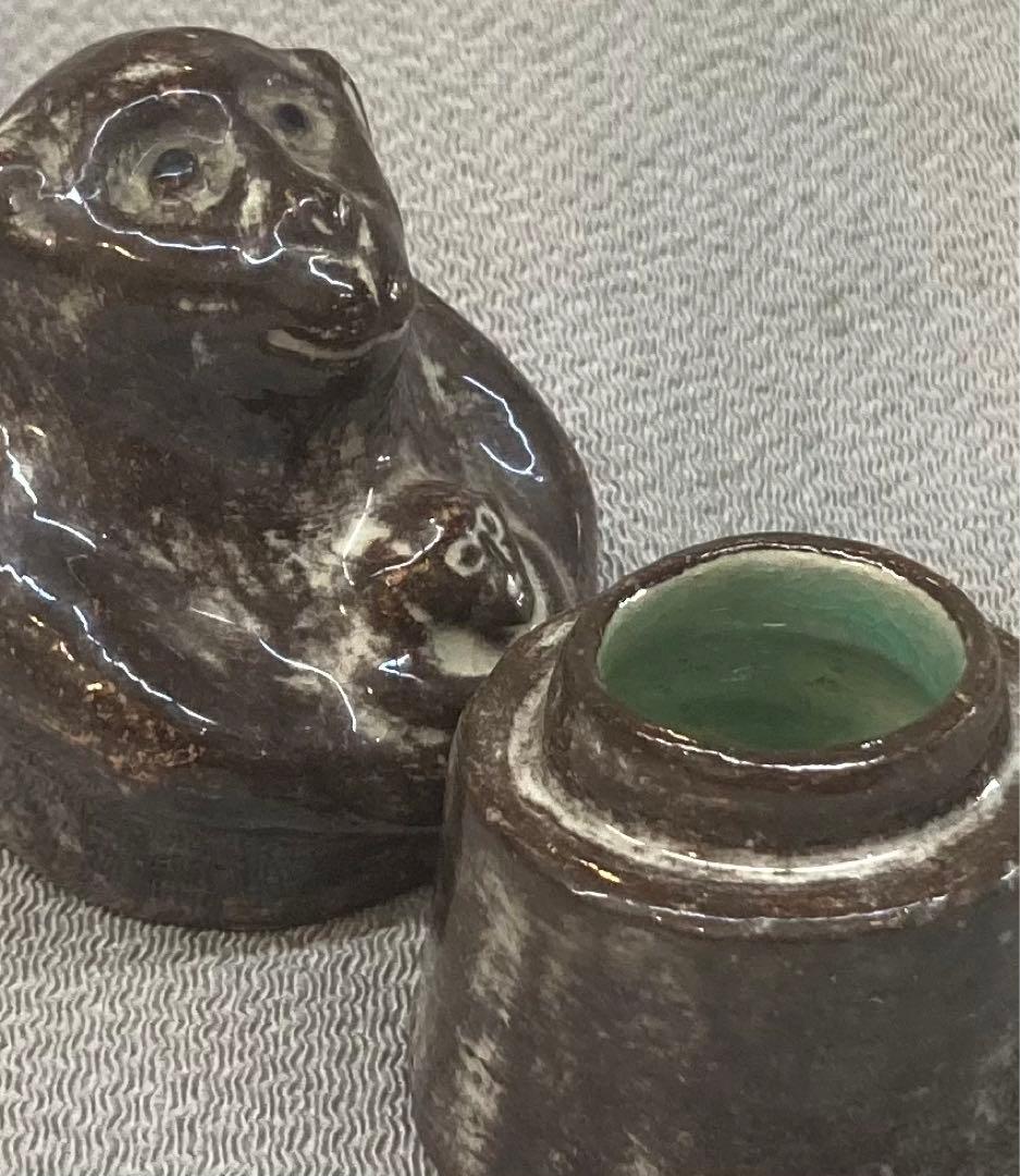 B203s  吉向焼　吉向松月造「親子瓦ざる」申香合　共布共箱　猿　茶道具香道具