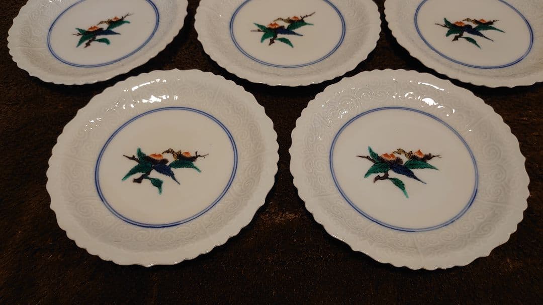 古九谷　九谷焼　輪華皿　陽刻　花の図　蔵出し　５客