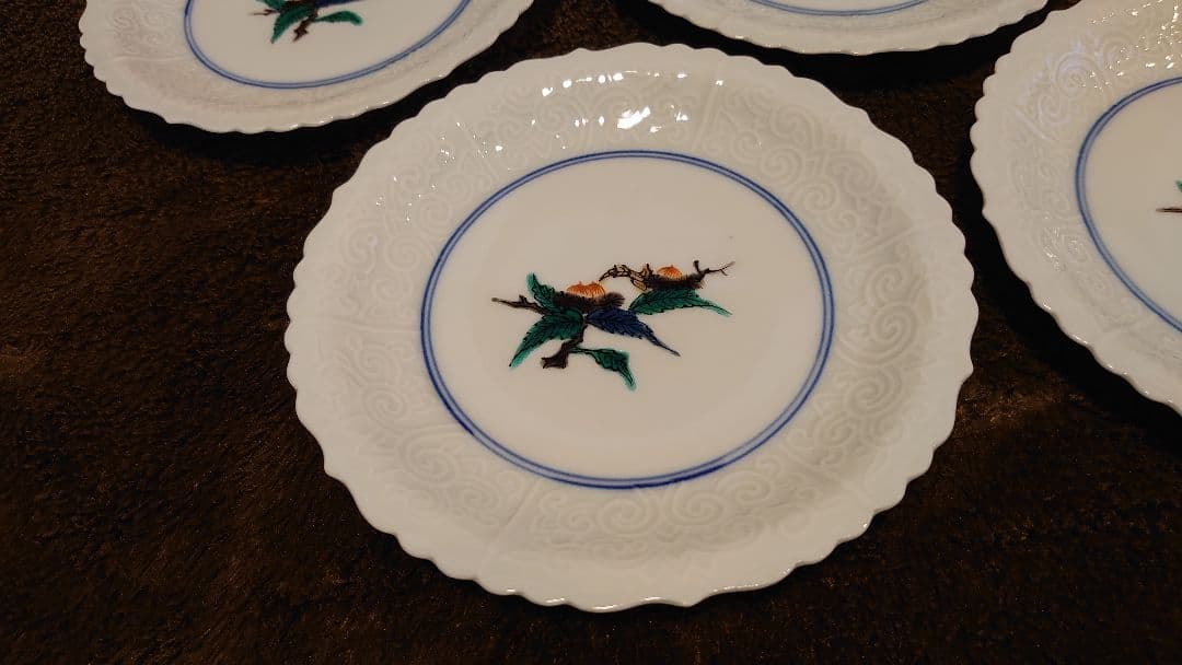 古九谷　九谷焼　輪華皿　陽刻　花の図　蔵出し　５客