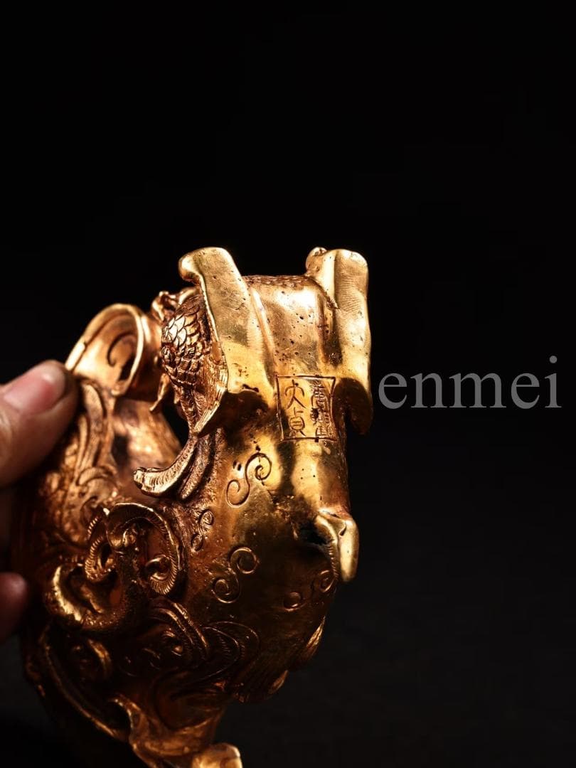 中国古美術・旧藏珍品・唐代風龍紋高浮彫・鎏金銅製酒器・酒具・純銅製・置物・風水