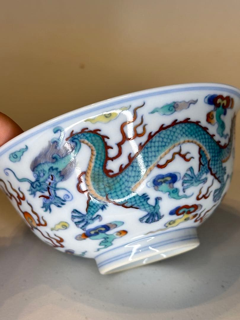 大清雍正年制 底款 二龍戯珠 彩绘 碗 中国古董品 コレクション
