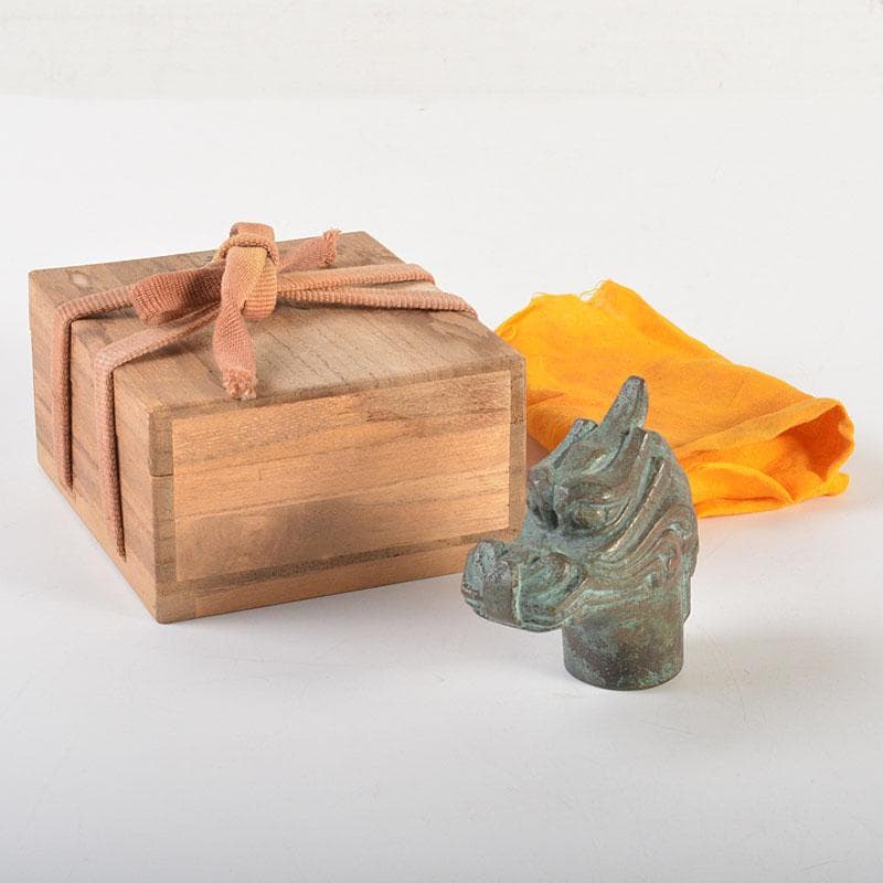 安一作　古銅青銅　龍首杖頭　共箱　N　6831