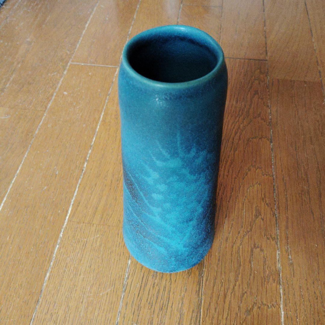 京都清水焼 谷口良三作 青色円筒形花瓶