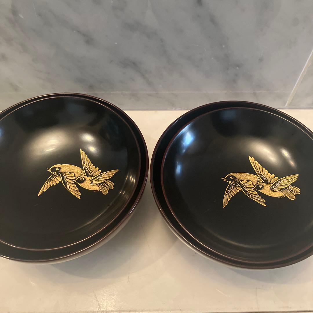 アンティーク大正時代　金彩のスズメや上品な竹が美し過ぎる木製輪島漆塗りお椀2客