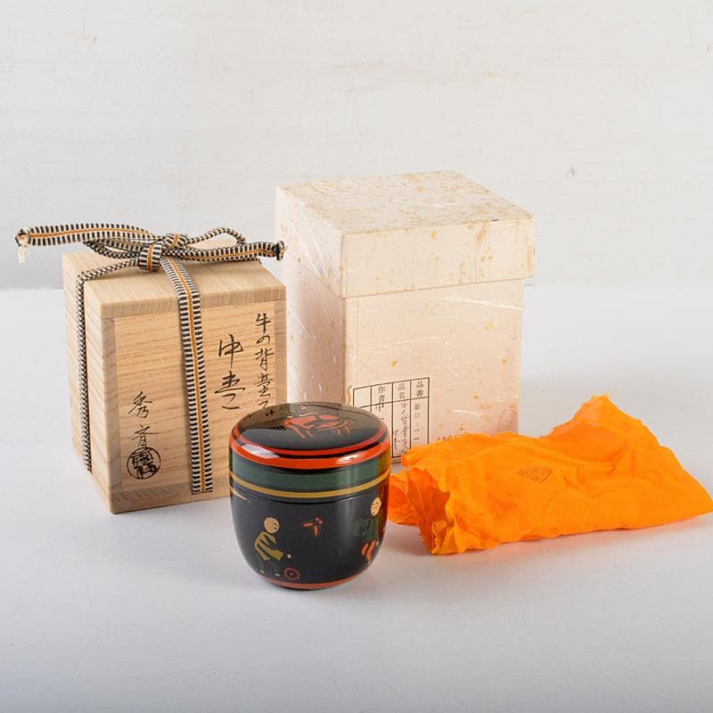 茶道具　中谷秀斉作　牛の背童子絵　中棗　共箱　V　6586