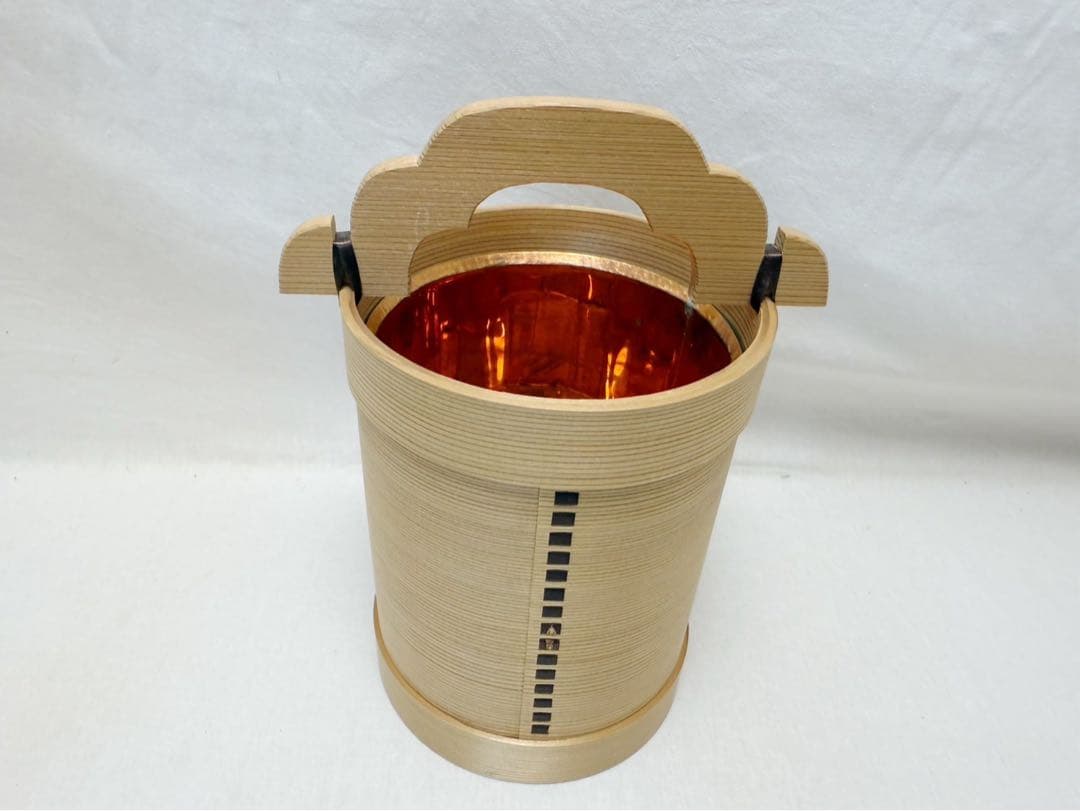 未使用 華道具 木具師 高木又三作 栗山桶 花入 手桶花器 銅落とし 刻印 共箱