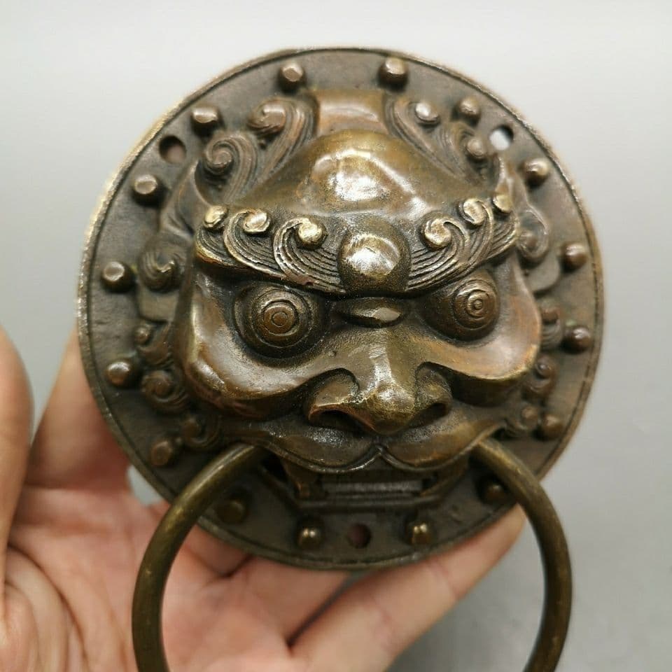 銅器 獣頭門環 獅子頭大門ノブ木戸門引環一対 装飾品 工芸品 置物