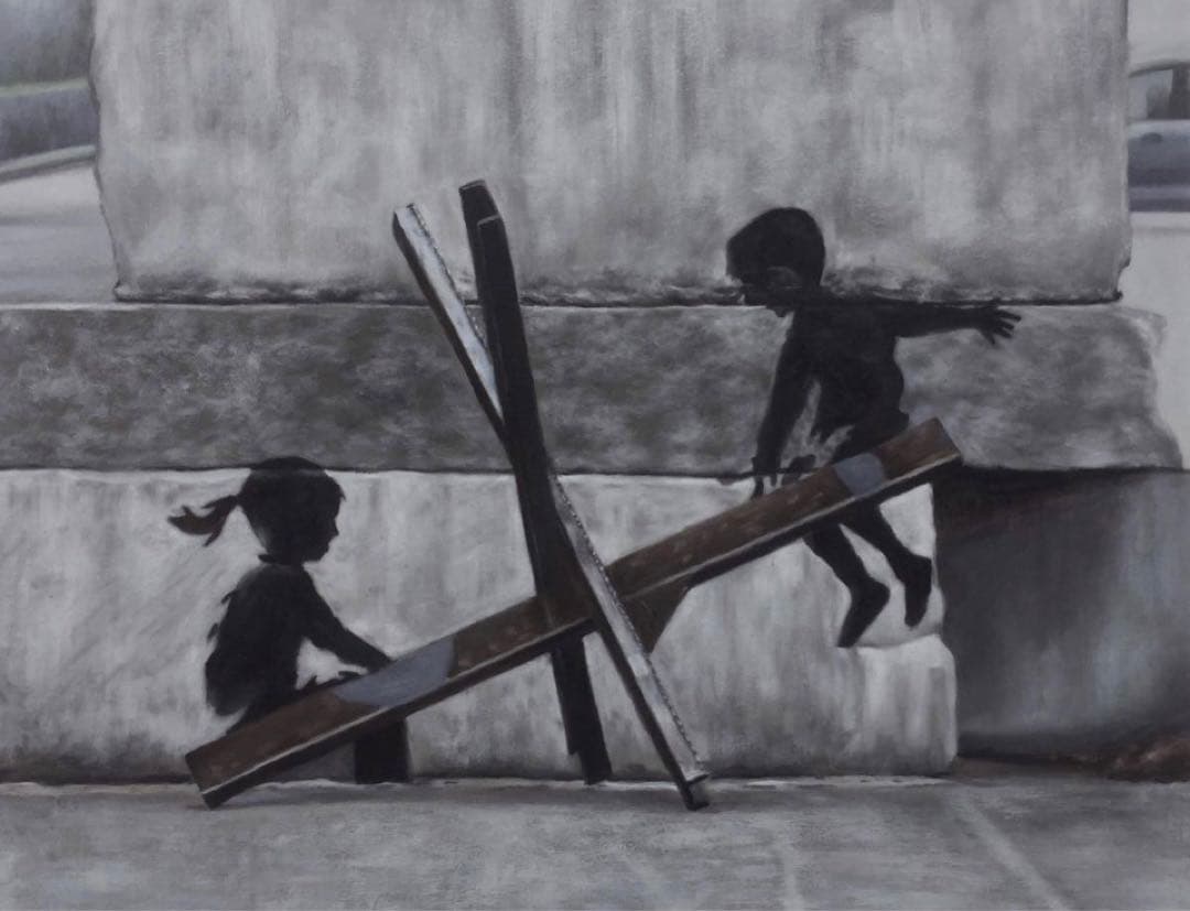 肉筆☆油絵☆F20号『シーソー(平等）を望む子供たち』Banksy/模写