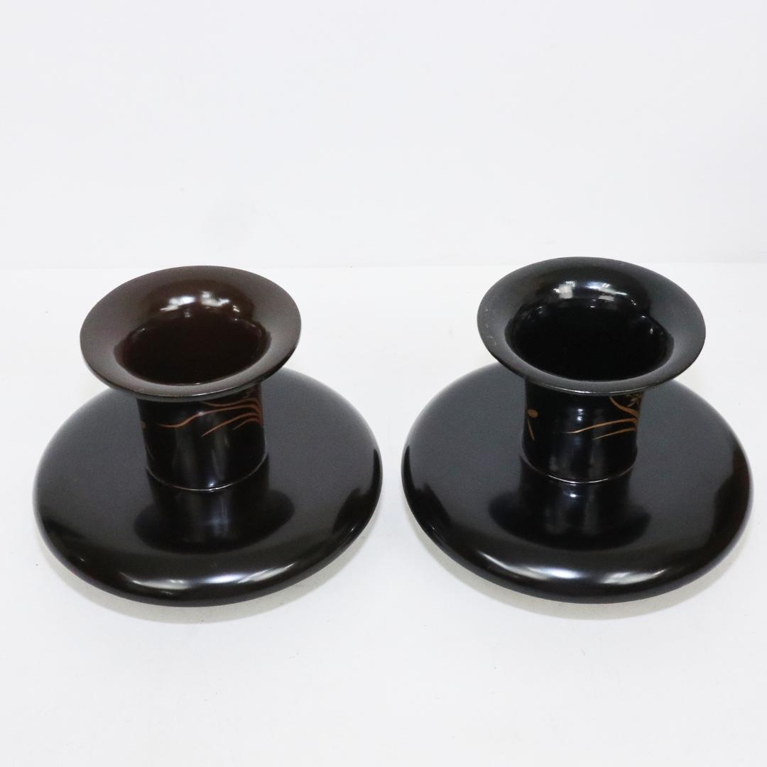 四君子蒔絵 黒腰高茶台 漆 一対　共箱 天目台 黒塗