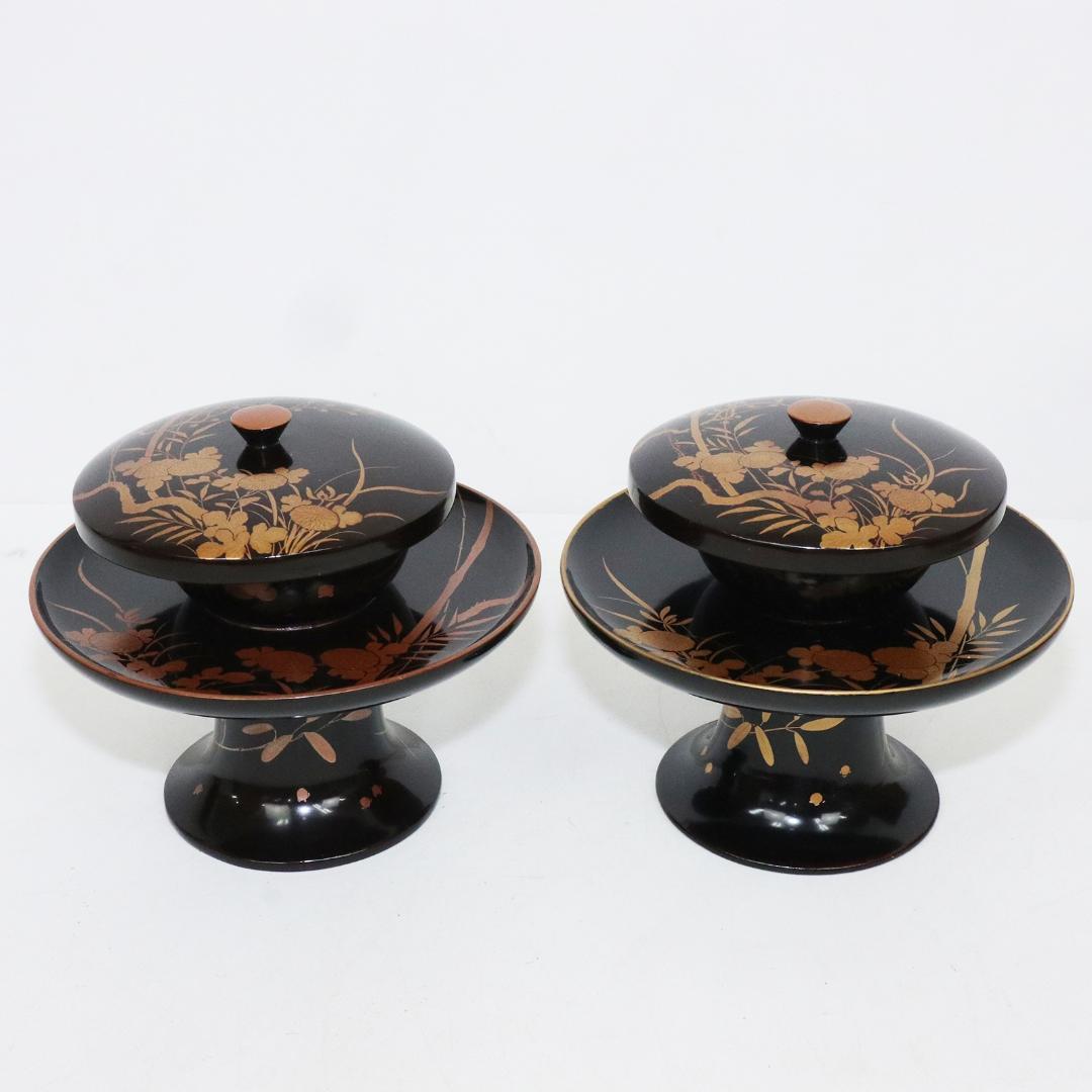 四君子蒔絵 黒腰高茶台 漆 一対　共箱 天目台 黒塗